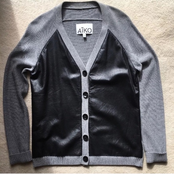 Aiko Sweaters - Aiko Grey Cashmere Leather Paneled Cardigan, Sz L